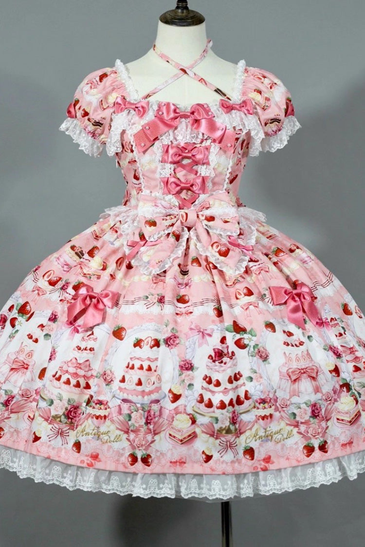 [Strawberry Cake Bouquet] Print Square Collar Short Sleeves Bowknot Lace Sweet Lolita Dress 3 Colors - Product - 3