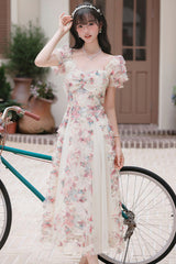 White Floral Pattern Square Collar Short Puff Sleeves Ruffled Open-Front Spliced Sweet Lolita Dress - Product - 14