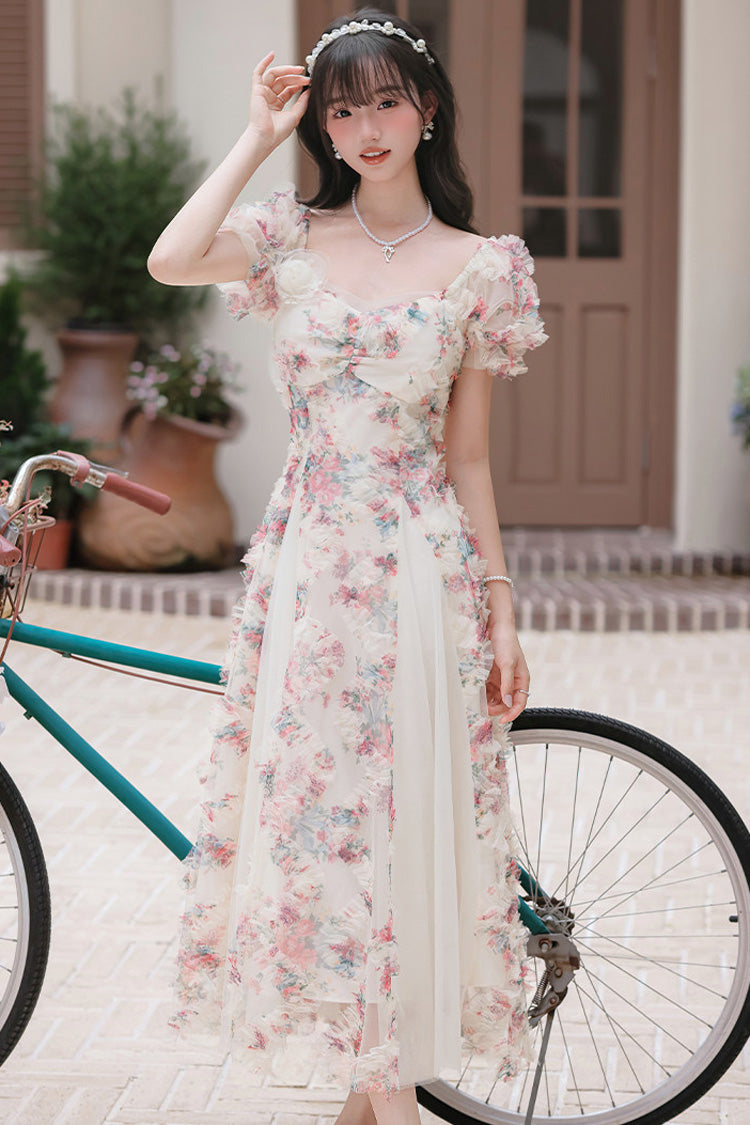 White Floral Pattern Square Collar Short Puff Sleeves Ruffled Open-Front Spliced Sweet Lolita Dress - Product - 14