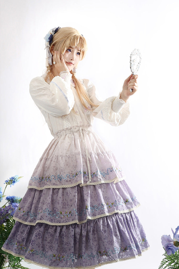 Purple [Moonlight Iris] Triple-Layered Print Ruffle Embroidery Lace Sweet Lolita Skirt - Product - 6