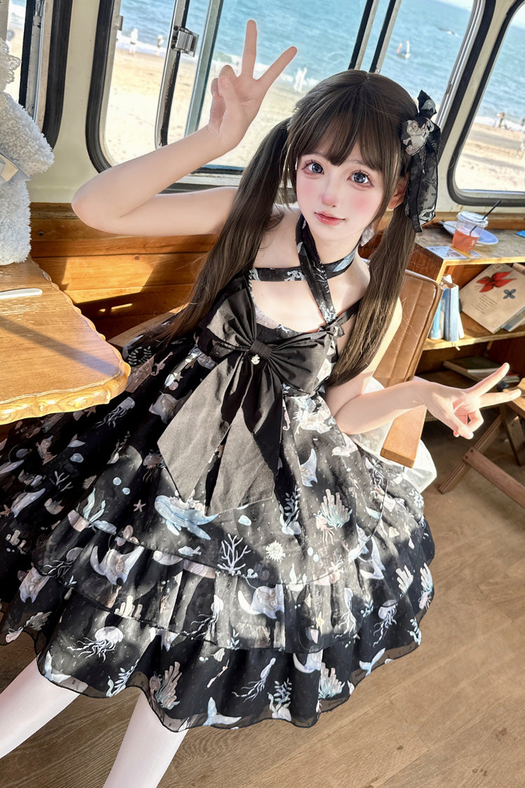 [Ocean Sweetheart] Halterneck Sleeveless Triple-Layered Printed Ruffled Bow Lace Sweet Lolita Strap Dress 5 Colors - Product - 3