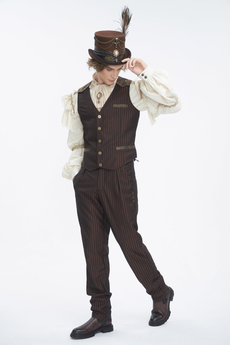 Brown Chain-Decorated Men's Gothic Accessory Gear Feather Top Hat - Product - 6