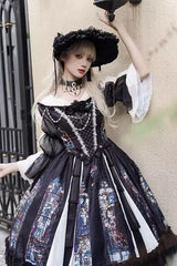 Black Stained Window Print Ruffle Bowknot Gothic Elegant Lolita Jsk Dress - Product - 8