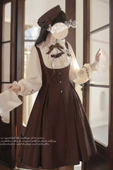 Brown/White [Sunset Academy] Long Sleeves Ruffle Bowknot Fake Two Pieces Vintage College Style Elegant Lolita Dress - Product - 11