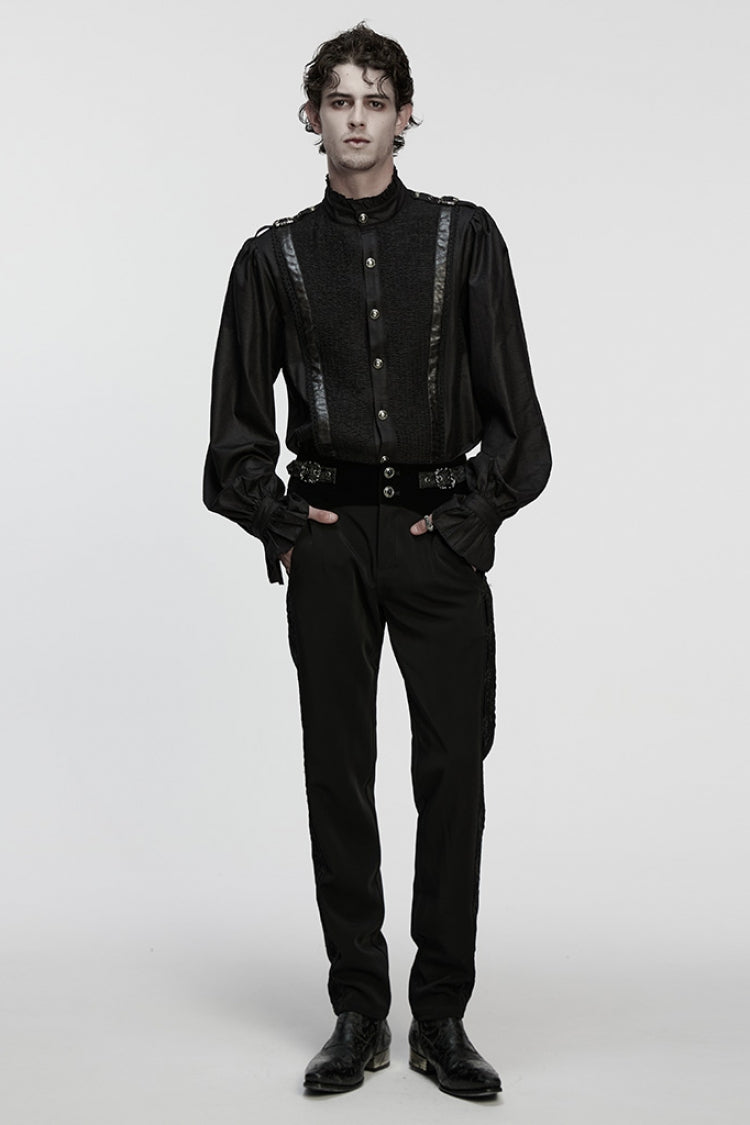 Black Stand Collar Long Puff Sleeves Ruffle Pleated Men's Gothic Blouse - Product - 4