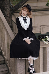 Black/White Silent Poetry Nun Long Sleeves Bowknot Autumn Winter Gothic Lolita Dress - Product - 3