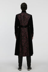 Black/Red Stand Collar Long Sleeves Floral Jacquard Bouble-breasted Zipper Men's Gothic Coat - Product - 3
