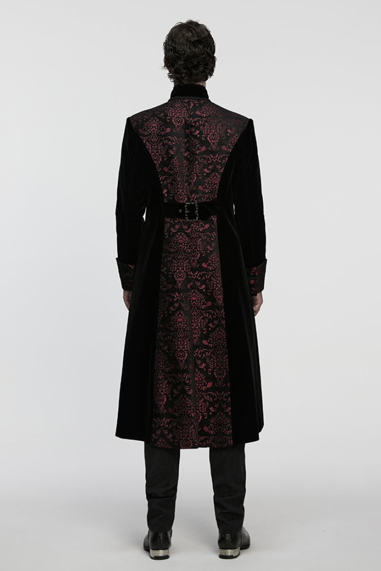 Black/Red Stand Collar Long Sleeves Floral Jacquard Bouble-breasted Zipper Men's Gothic Coat - Product - 3
