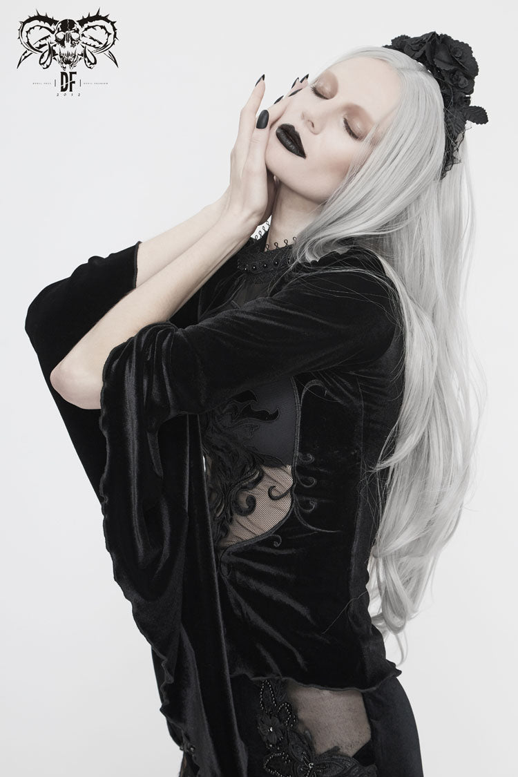 Black High Collar Front Chest Splice Mesh Embroidered Flare Sleeve Women's Gothic T-Shirt - Product - 5