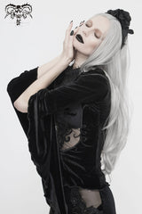 Black High Collar Front Chest Splice Mesh Embroidered Flare Sleeve Women's Gothic T-Shirt - Product - 5
