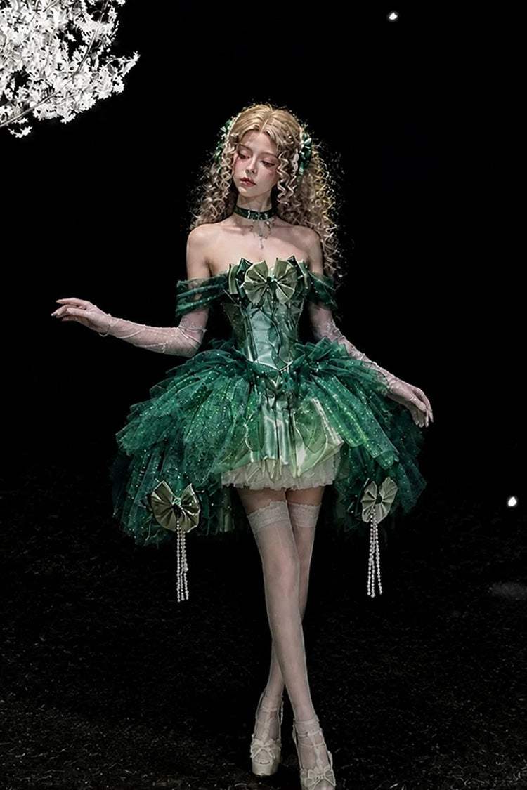 Green [Mermaid Tears] Off Shoulder High Waisted Ruffled Bow Sweet Princess Lolita Dress - Product - 6