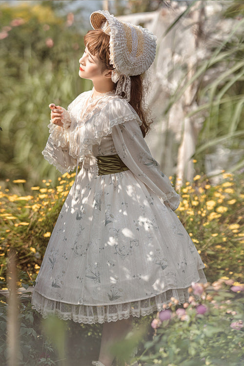 Beige Lace Round Collar Ruffled Lantern Sleeves Fresh Floral Print Sweet (Dress Only) detail view 5