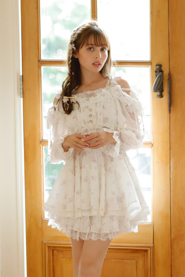 Ivory Off Shoulder Long Sleeves Floral Print Ruffle Bowknot Lace-Up Sweet Jirai Kei Japanese Skirt Set - Ivory - 1
