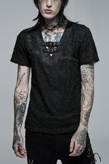 Black Short Sleeves Buckle Stitching Mesh Men's Steampunk T-Shirt - Black - 1