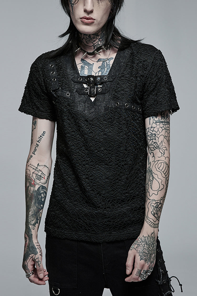 Black Short Sleeves Buckle Stitching Mesh Men's Steampunk T-Shirt - Black - 1