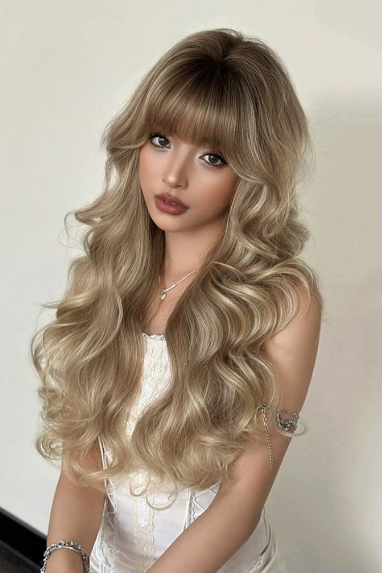 Stellar Glow Brown-Gold Balayage Lazy Vibe Long Big Wavy Wig with Blunt Bangs - Product - 6