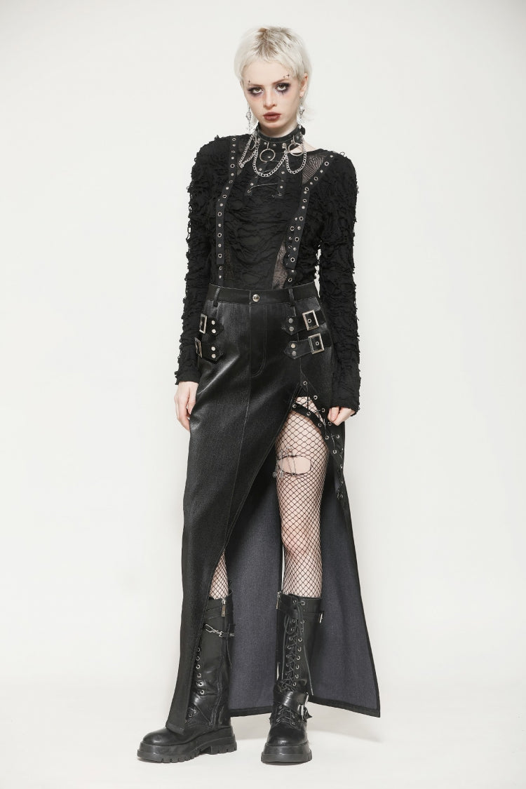 Black Leather Women's Punk Buckled Side Slit Irregular Hem Skirt - Product - 9