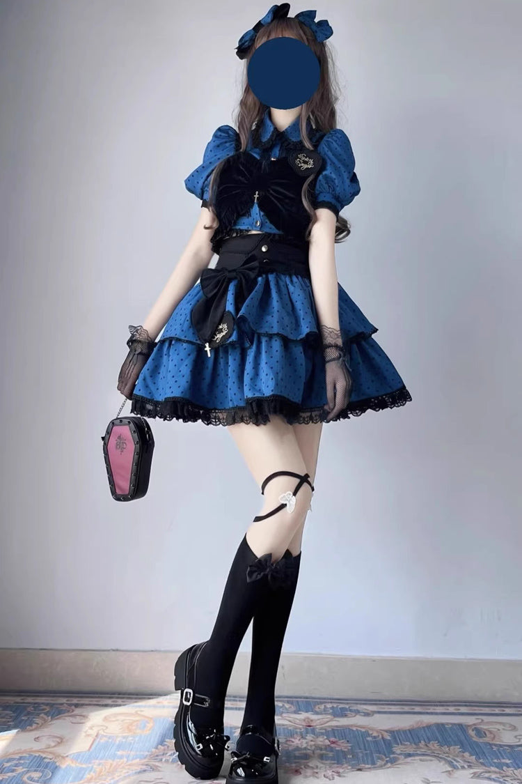 Blue/Black Multi-Layer Polka Dot Print Bowknot Princess Sweet Lolita Skirt Set - Product - 3