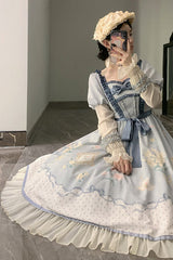 Blue Ruffled Square Collar Floral Print Puff Long Sleeve High Waist Sweet Lolita OP Dress - Product - 2