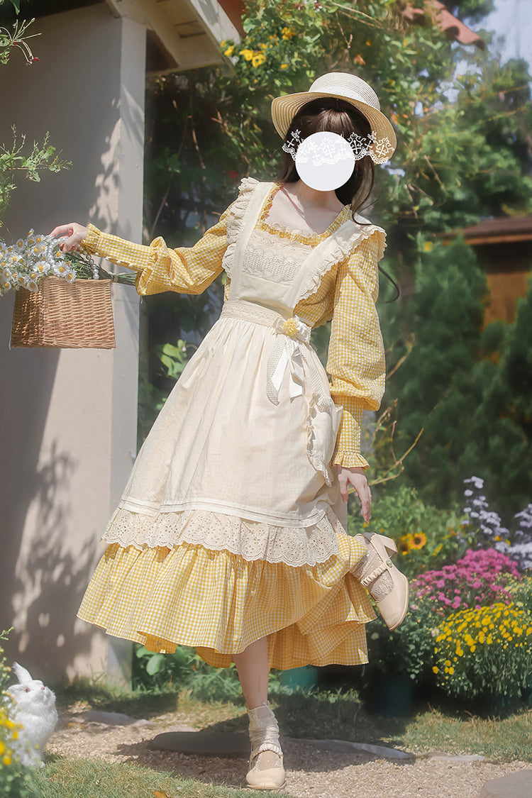 Yellow Long Sleeves Print Ruffle Lace-Up Sweet Elegant Lolita Dress - Product - 8