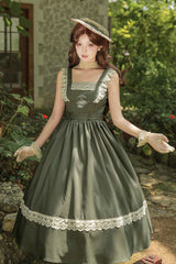 [The Oak Tree in the Wind] Square Collar Sleeveless Jacquard Embroidered Lace Classic Elegant Lolita Jsk Dress 2 Colors (Black, Green) - Product - 18