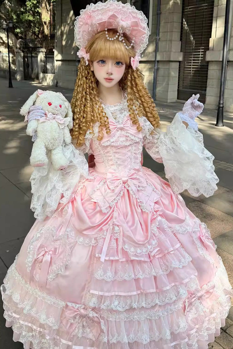 Pink [Ode of the Curtain] Multi-Layered Ruffled Hanayome Open-Front Bow Lace Lace-Up Sweet Long Lolita Jsk Dress - Product - 6