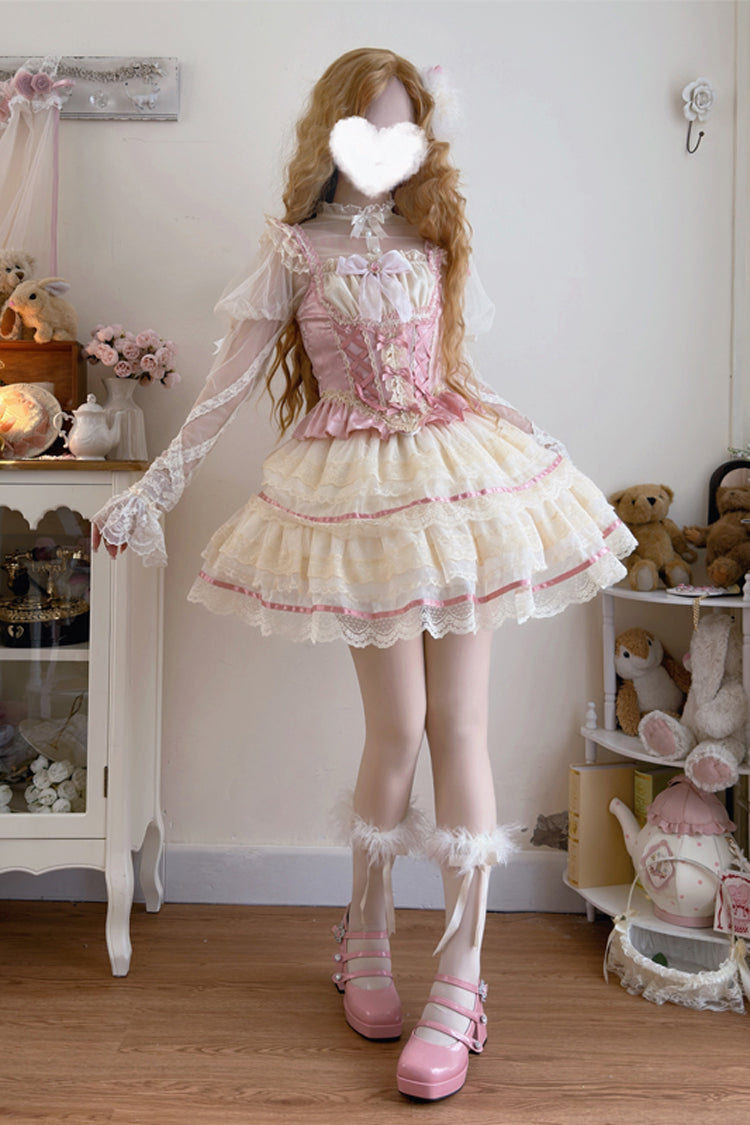 Pink [Girl Love] Double-Layered Bowknot Lace Sweet Ballet Lolita Skirt Set - Product - 4