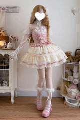Pink [Girl Love] Double-Layered Bowknot Lace Sweet Ballet Lolita Skirt Set - Product - 4