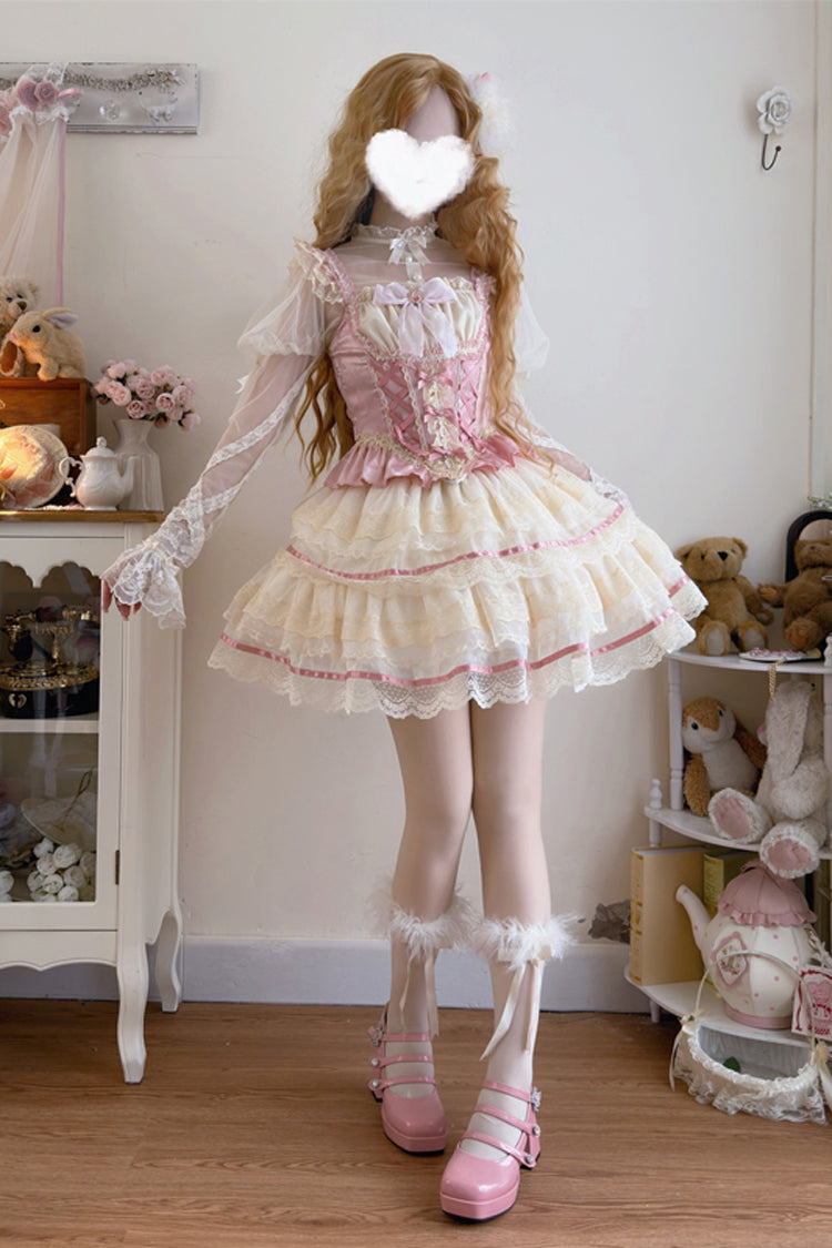Pink [Girl Love] Double-Layered Bowknot Lace Sweet Ballet Lolita Skirt Set - Product - 4