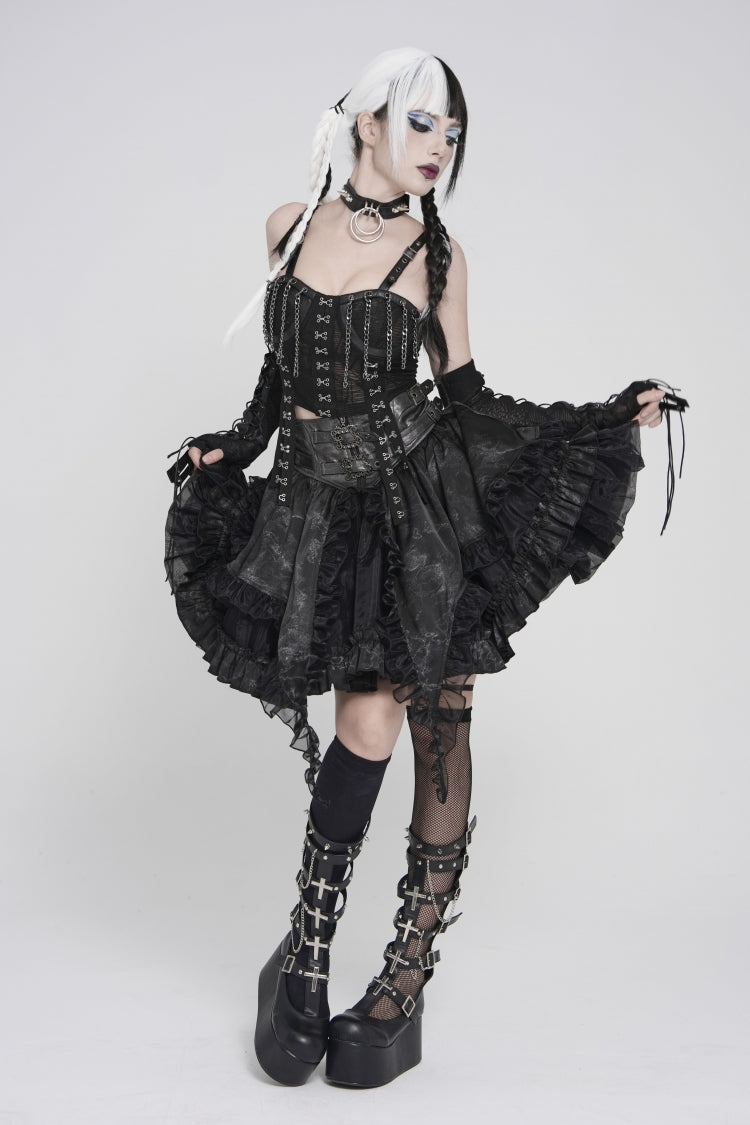 Black Off Shoulder Lace Lace-Up Slim Mesh Strappy Chain-Decorated Eyelet Women's Punk Corset - Product - 6