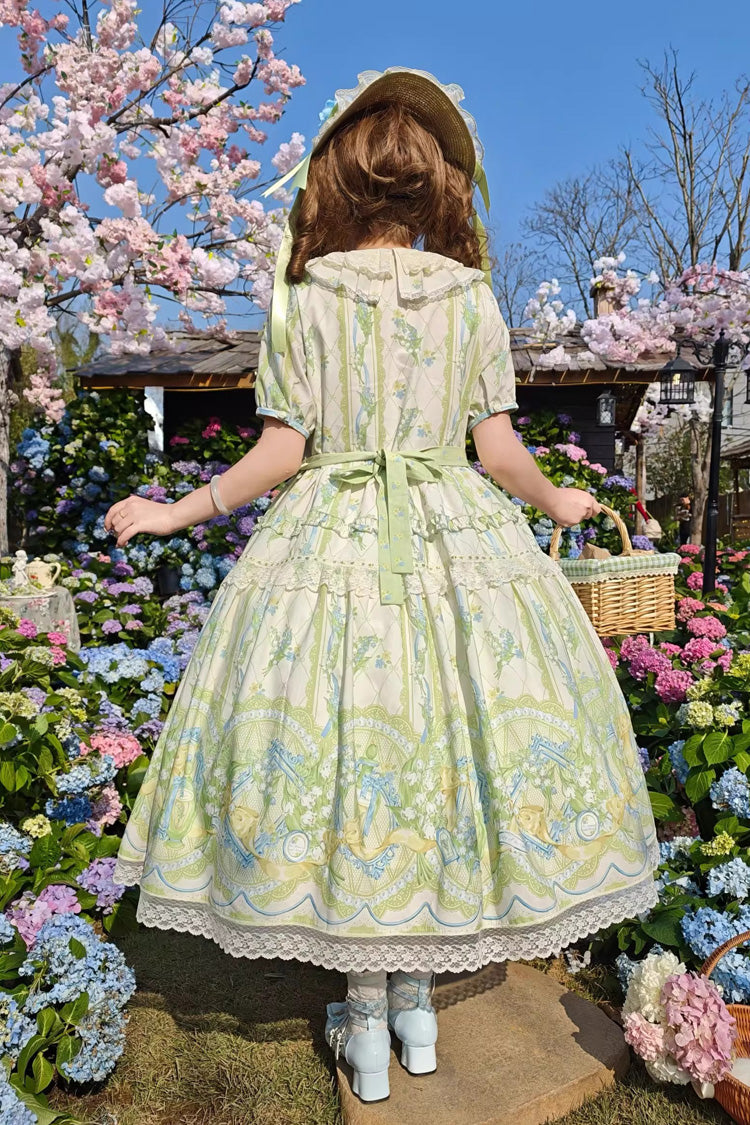 Ivory/Green [Lily of the Valley Perfume] Pearl Candy Tea Doll Collar Short Sleeves Printed Lace Plus Size Sweet Lolita OP Dress - Product - 3