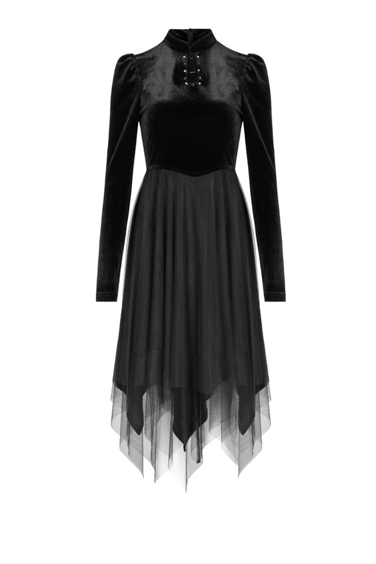 Black Velvet Mesh Stitching Elastic Women's Gothic Dress - Product - 5