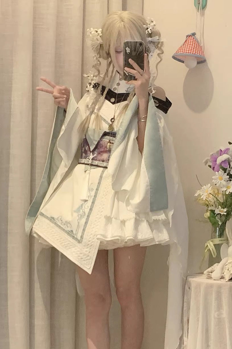 White [Dragon’s Breath Valley] Long Sleeves Ruffled Embroidered Asymmetric Chinese Style Gothic Lolita Dress - White - 1