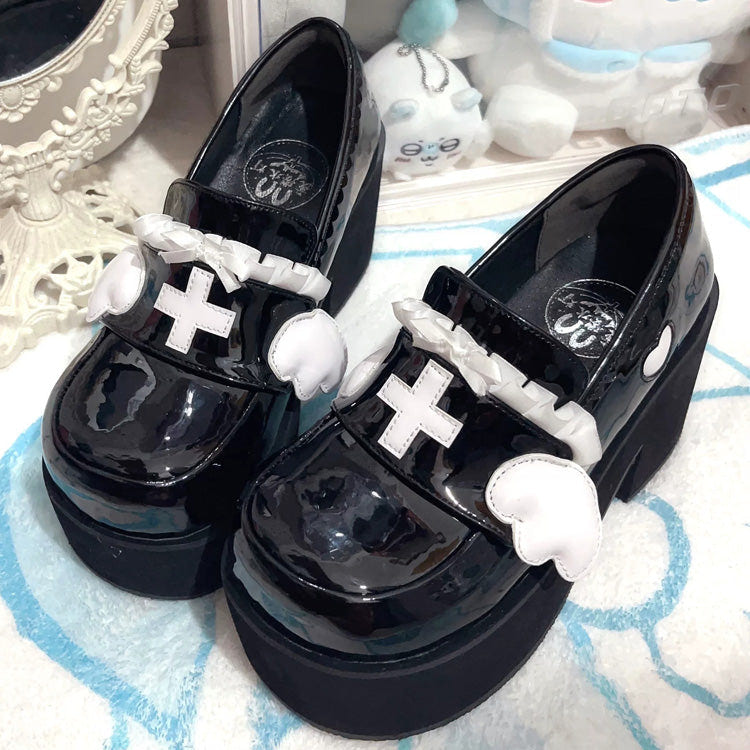 Medical Series Bowknot Ribbon Ruffled Round Toe Sweet Lolita Platform Shoes 4 Colors - Black - 4