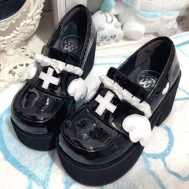 Medical Series Bowknot Ribbon Ruffled Round Toe Sweet Lolita Platform Shoes 4 Colors - Black - 4