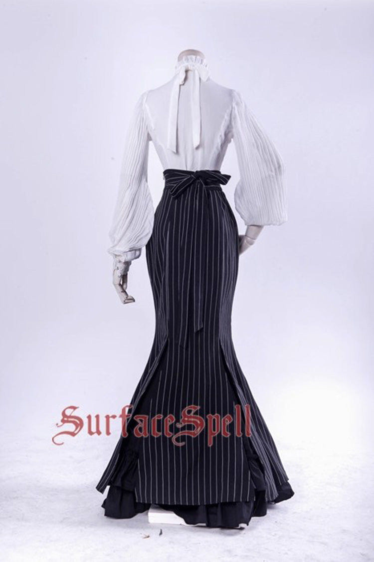 Black [Lorelei] Double-Layered Striped Print Ruffle Gothic Elegant Lolita Mermaid Maxi Skirt - Product - 5