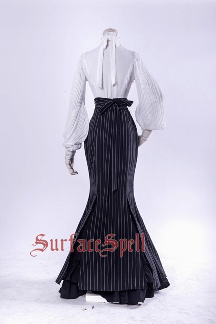 Black [Lorelei] Double-Layered Striped Print Ruffle Gothic Elegant Lolita Mermaid Maxi Skirt - Product - 5