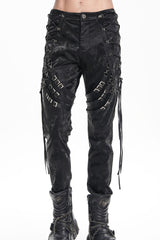 Black Buckle-up Spaghetti Straps Stitching Men's Gothic Pants - Black - 1