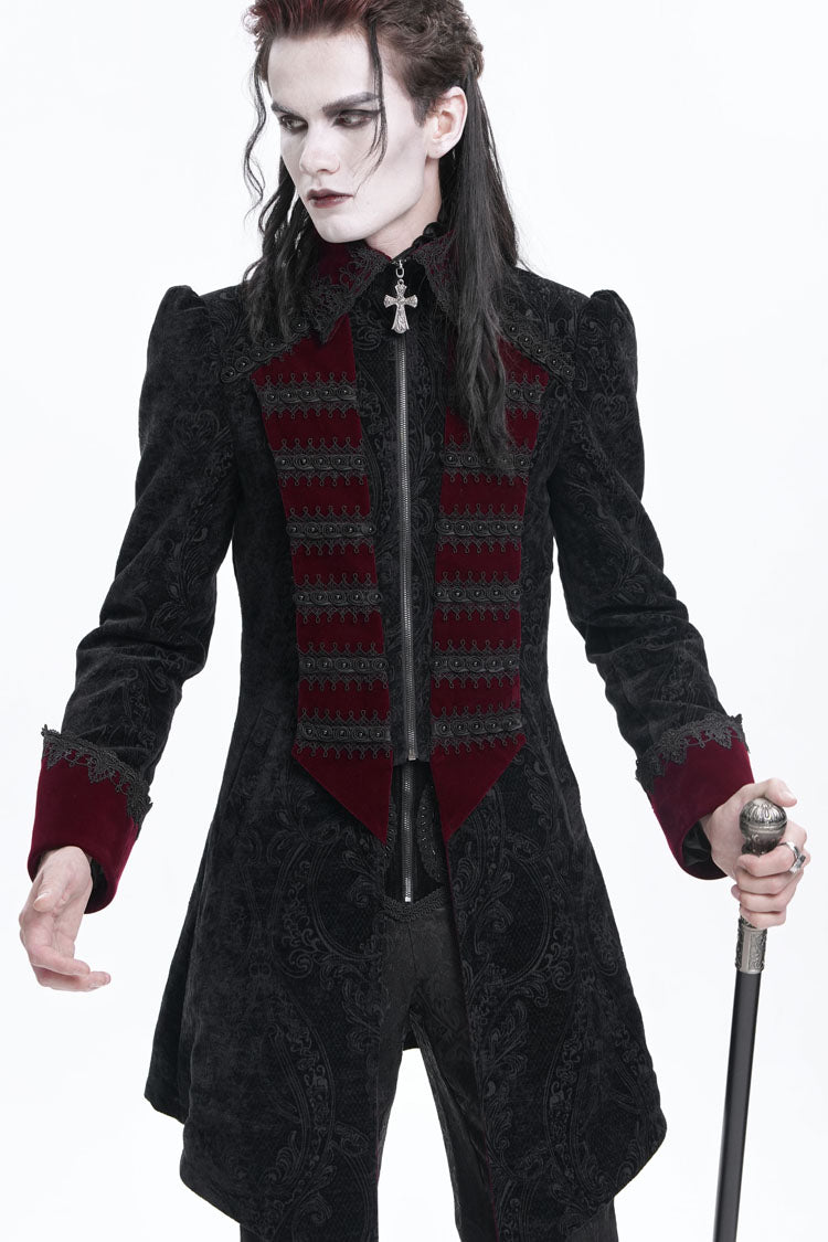 Black/Red Lapel Collar Long Sleeves Crochet  Men's Gothic Jacket - Product - 5