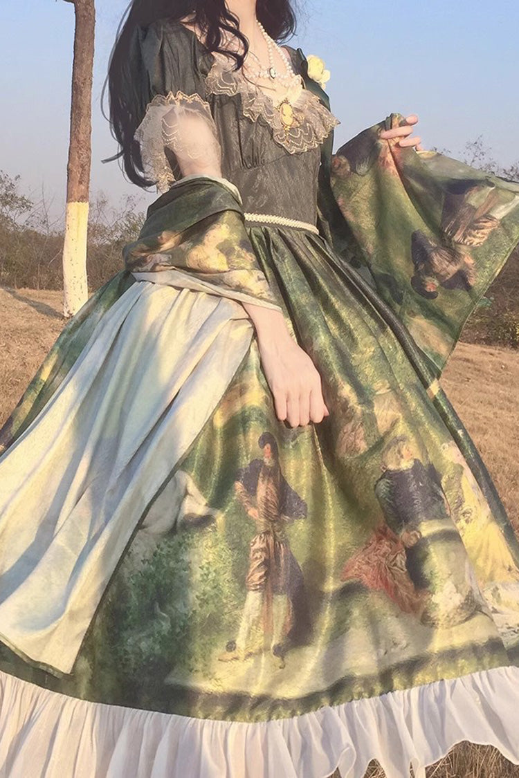 Green Short Sleeves Forest Dance Print Ruffle Sweet Elegant Lolita Dress - Product - 4