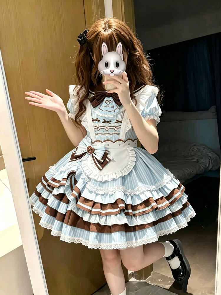 Blue and Brown Ruffled Striped Maid Lolita Dress Set with Apron Accent - view 2