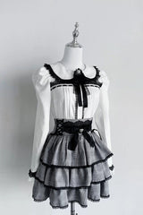 Jirai Kei Doll Collar Long Sleeves Triple-Layered Ruffled Bow Lace Japanese Skirt Blouse Set 2 Colors - Product - 10