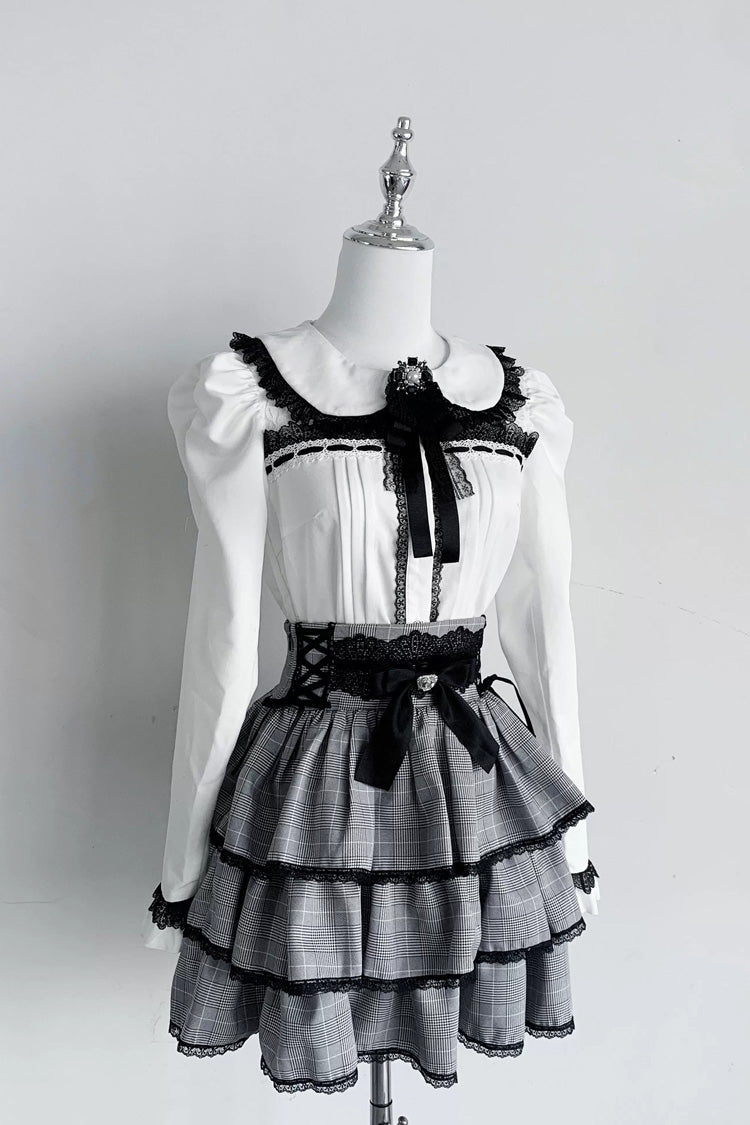 Jirai Kei Doll Collar Long Sleeves Triple-Layered Ruffled Bow Lace Japanese Skirt Blouse Set 2 Colors - Product - 10