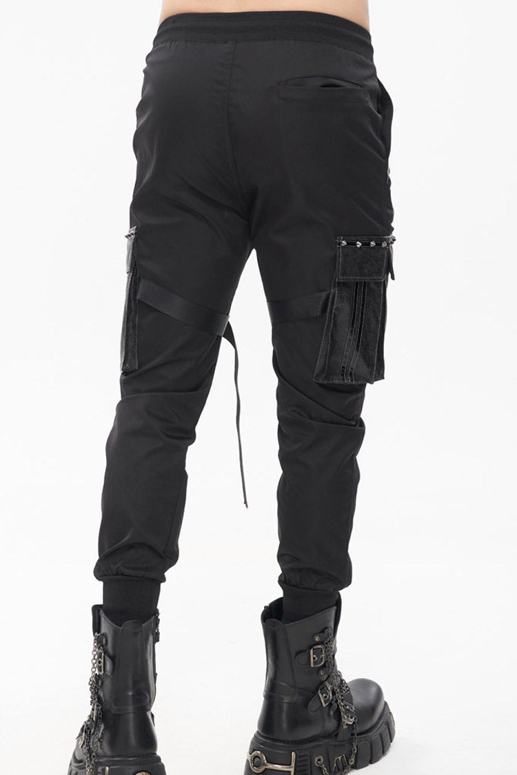 Black Punk Multi-Pocket Leather Splicing Metal Leg Ring Men's Pants - Product - 5