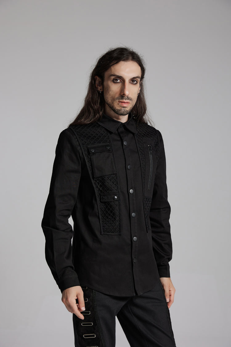 Black Lapel Collar Long Sleeves Zip Mesh Pocket Men's Punk Blouse - Product - 3