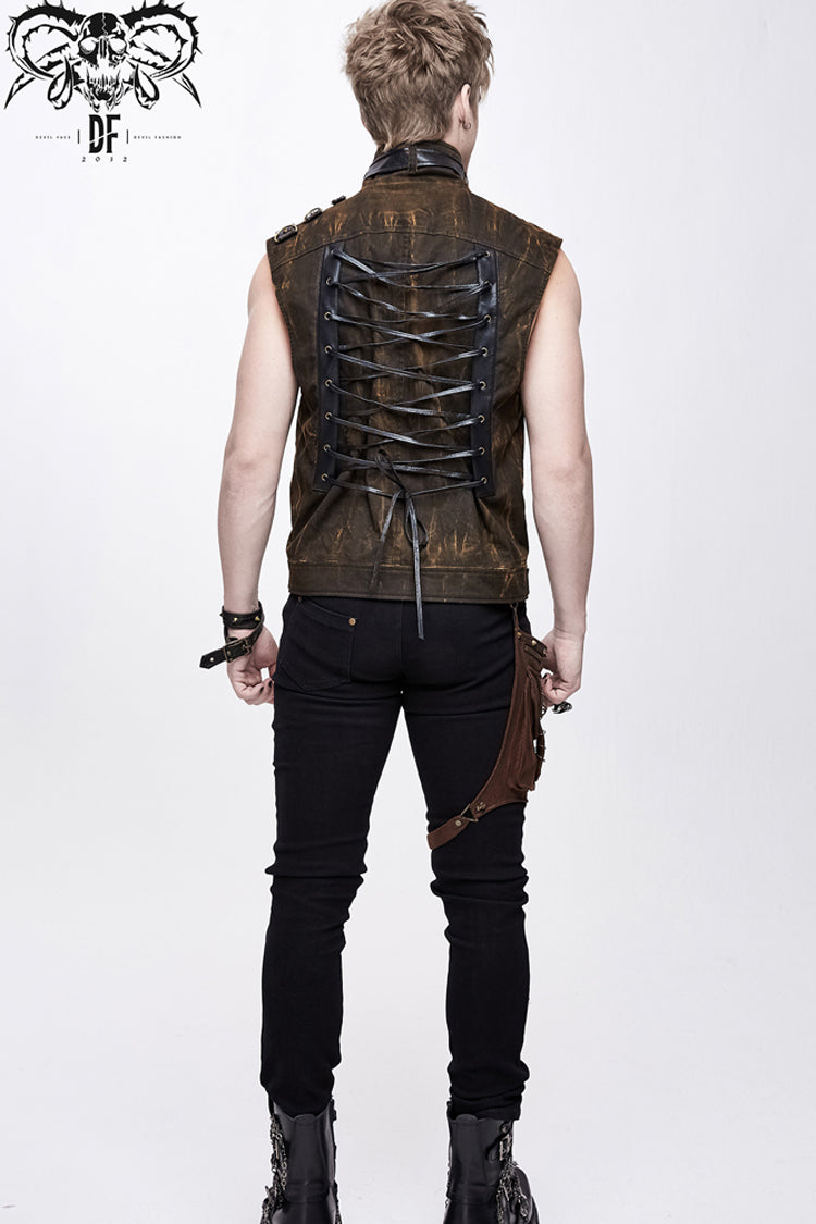 Brown Asymmetrical Bullet Belt 3D Pocket Leather Loop Rivet Back Lace Up Men's Punk Waistcoat - Product - 6