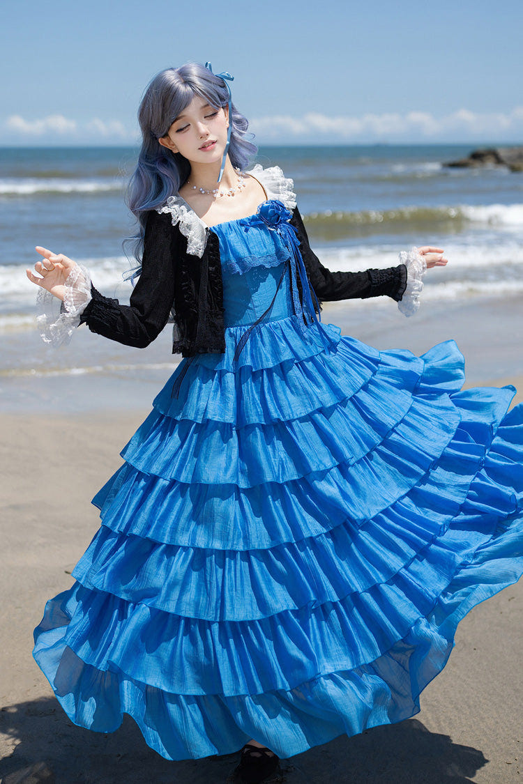 [Bubble Rain] Flutter Sleeves Multi-Layered Ruffled Sweet Lolita Jsk Dress 2 Colors (Yellow, Blue) - Product - 24