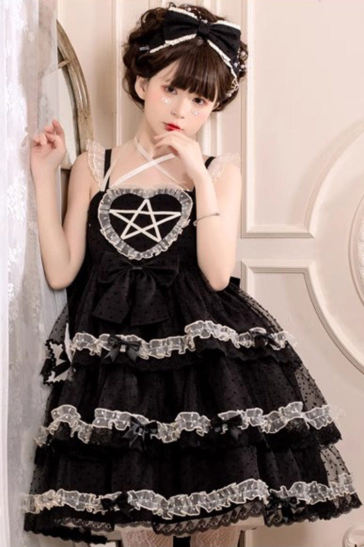 Black [Du Meisha's Star Wish] Sleeveless Triple-Layered Jacquard Ruffle Bowknot Sweet Gothic Lolita Jsk Dress - Product - 6