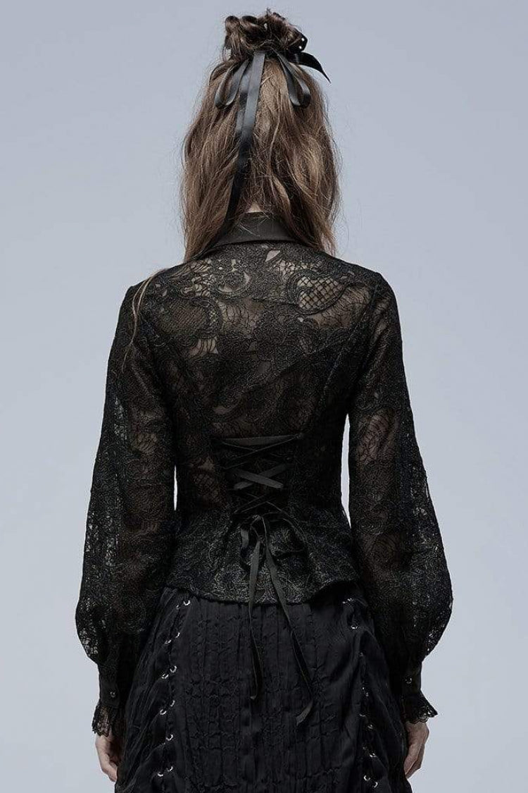 Black Lapel Collar Long Puff Sleeves Hollow Embroidery Womens Gothic Blouse - Product - 3