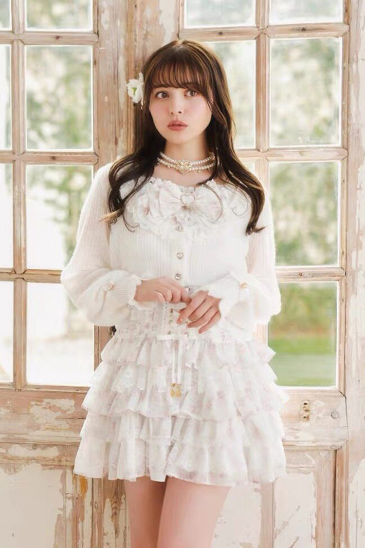 Jirai Kei Long Sleeves Multi-Layered Printed Ruffled Bow Sweet Dress 3 Colors - Product - 4